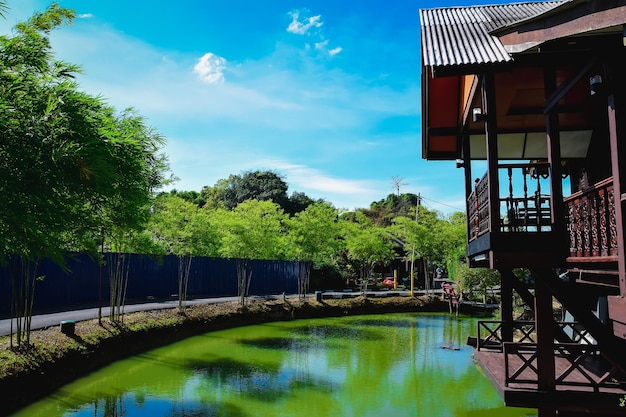 Wooden homestay in the evening at Perlis Malaysia Premium Photo