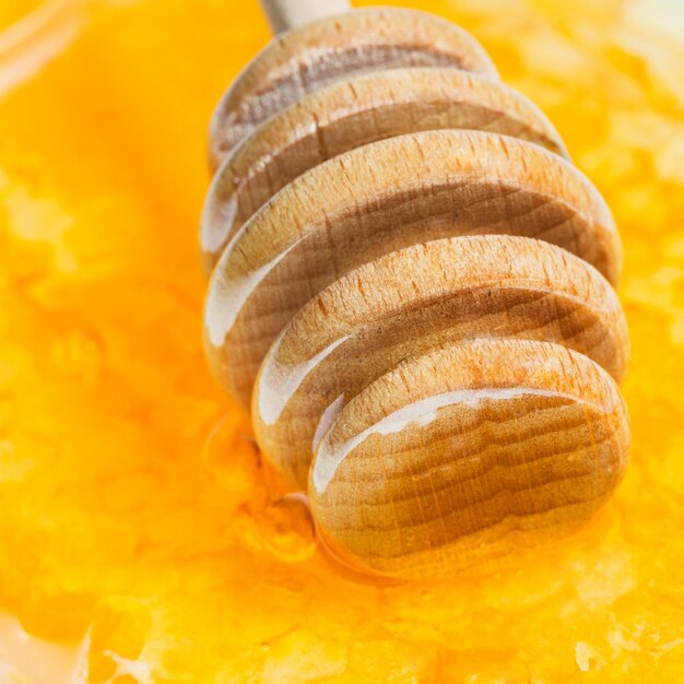 Wooden honey stick on surface of honey