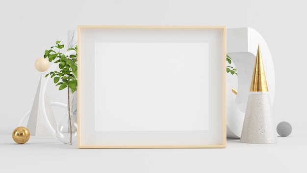 Wooden horizontal frame mock up on minimal abstract background 3d rendering