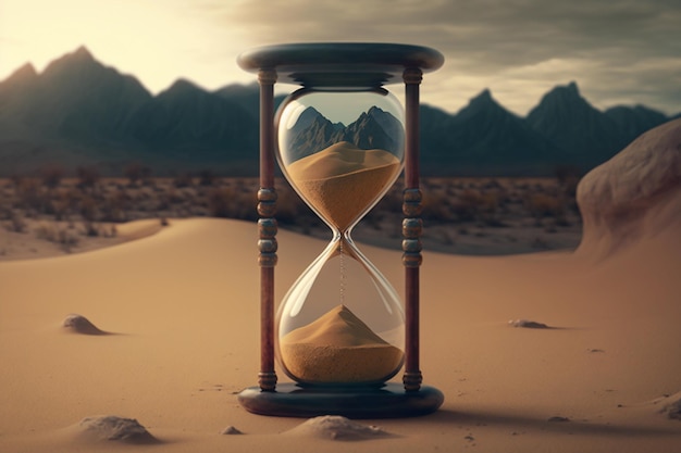 Wooden hourglass in the hot desert