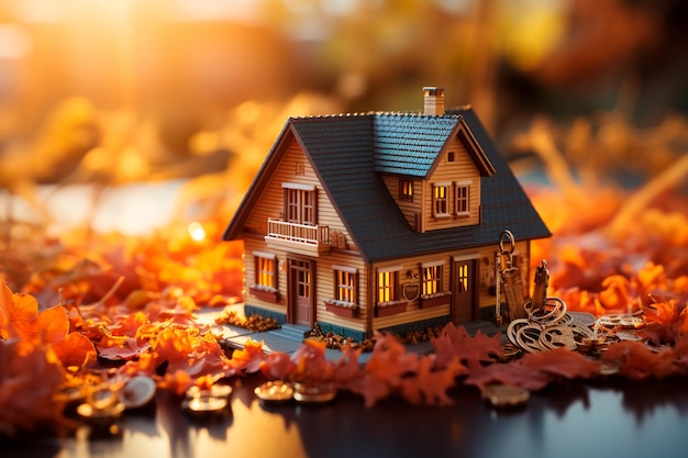 wooden house on a background of autumn leaves