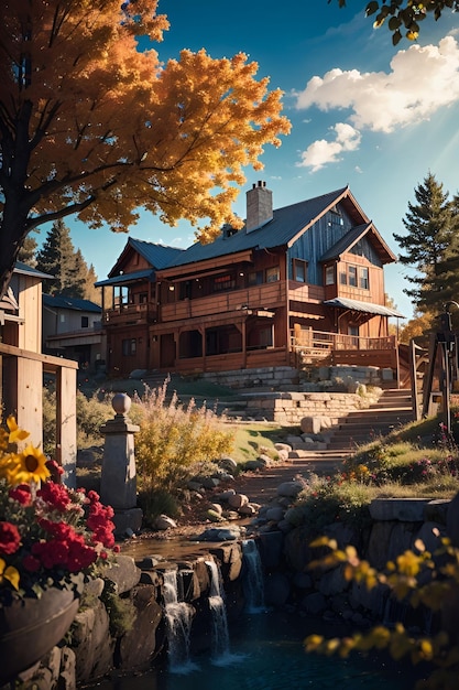 秋の葉がついた山の川の岸にある木造の家