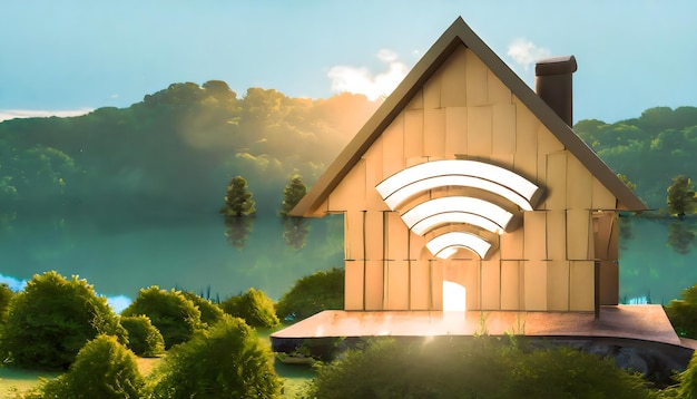 Wooden house in the countryside with wifi connection signal