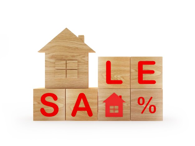 Wooden house on cubes with sale text