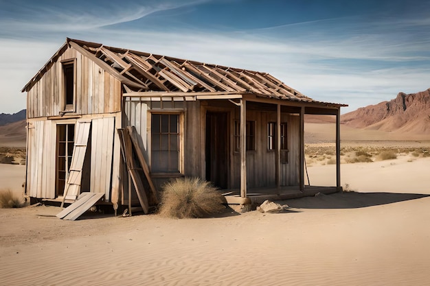 Foto una casa di legno nel deserto con uno sfondo di cielo