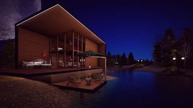 Wooden house design at the river side in evening with stars 3d\
illustration