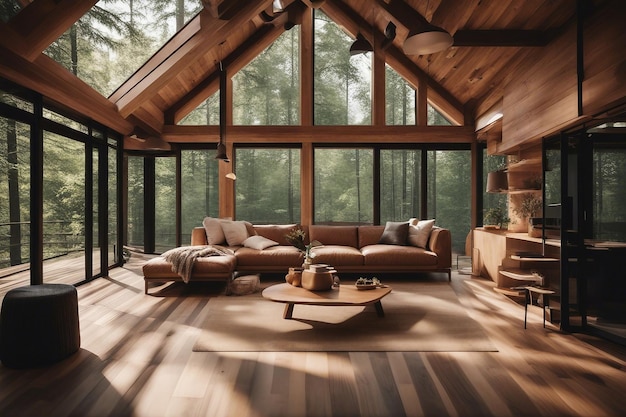 森の中の木造住宅, 木製の内張りを備えたモダンなリビング ルームのインテリア デザイン