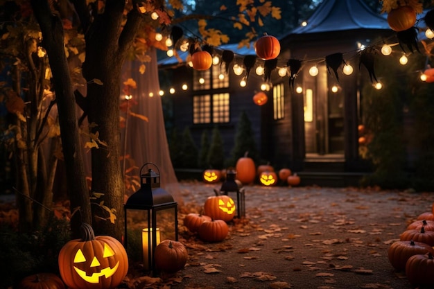 A wooden house in the forest is decorated with bright garlands and pumpkins for Halloween