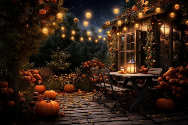 A wooden house in the forest is decorated with bright garlands and pumpkins for Halloween