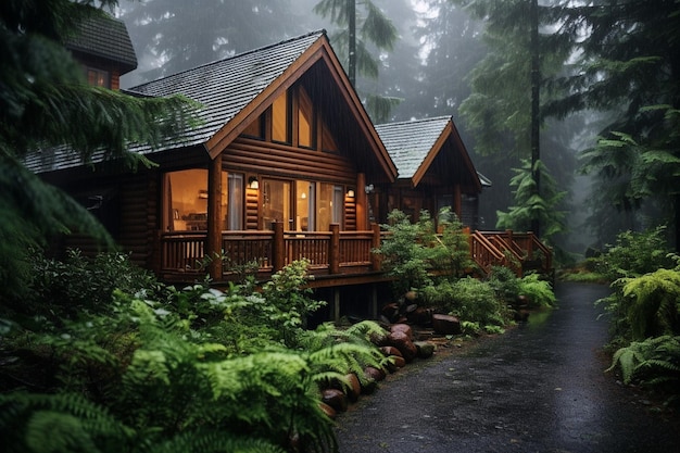 Wooden house in forest in rainy weather