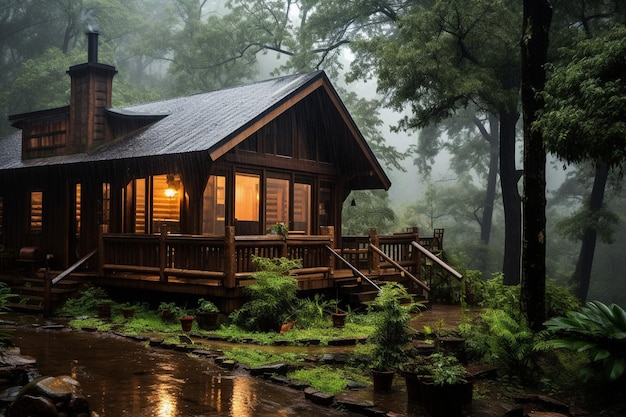 Wooden house in forest in rainy weather