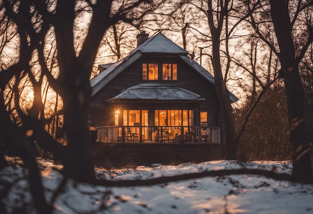 夕暮れの森の中の木造住宅