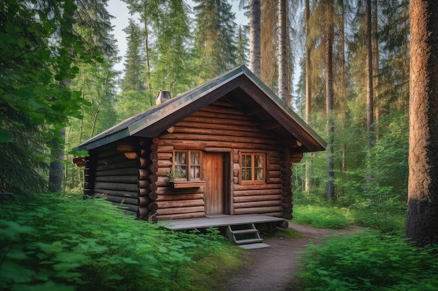Photo wooden house in green forest generative ai