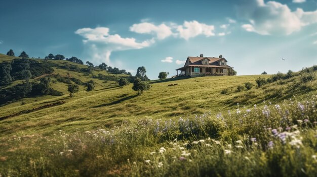 Wooden house on the hill at sunsetgenerative ai