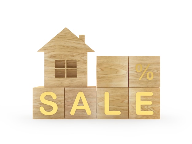Wooden house icon on cubes with text sale. 3d