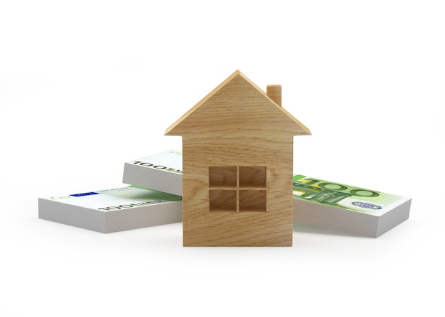 Wooden house icon with Euro banknotes