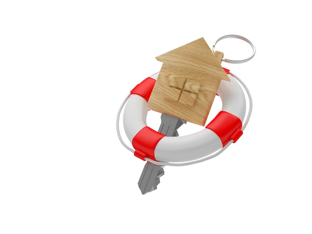 Wooden house key icon in lifebuoy. 3d