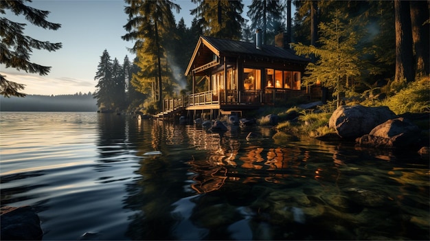 Wooden house on the lake in the forest 3d rendering