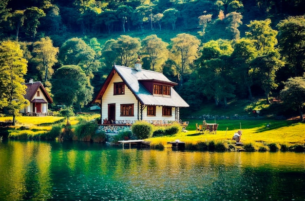 Wooden house on the lake in the mountains Beautiful cottage on the bank of the river in the village Generative AI