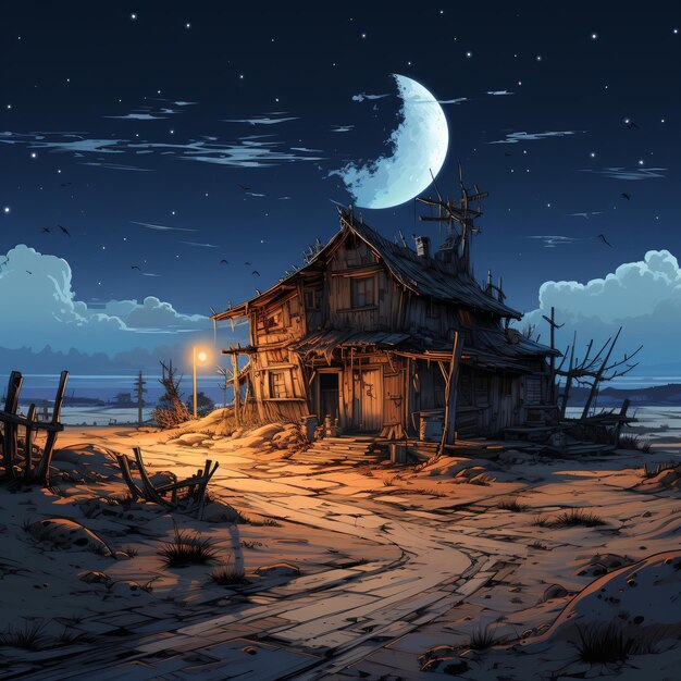 A wooden house in the middle of a desert at night