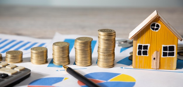 Wooden house model with financial papers and stack of coins