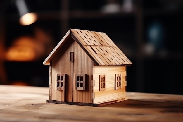 Wooden house model on wood background representing construction and ecology