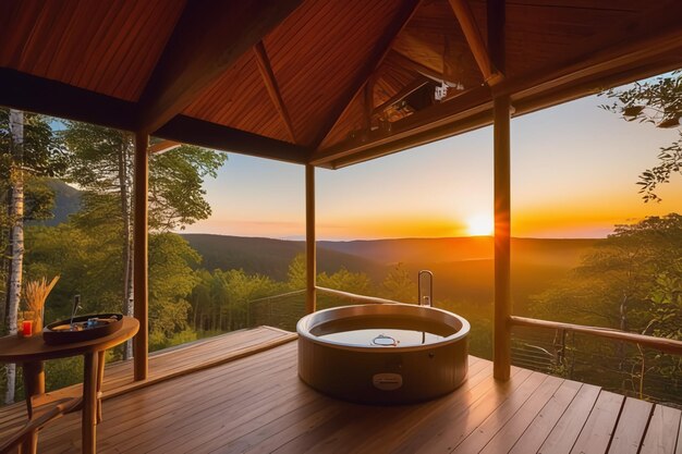 Wooden house in mountain forest with jacuzzi outside