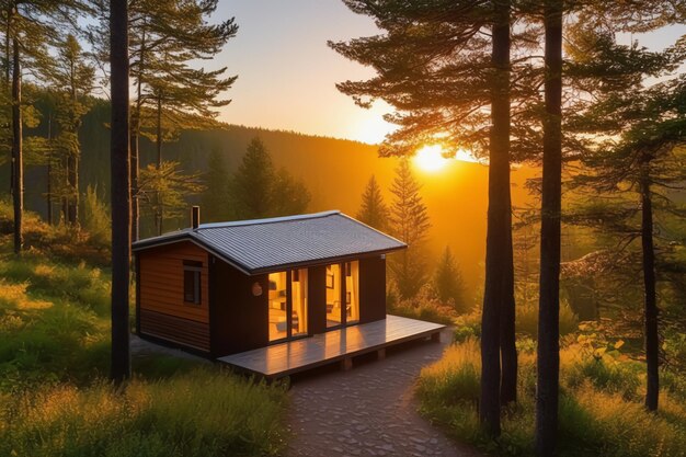 Wooden house in mountain forest with jacuzzi outside