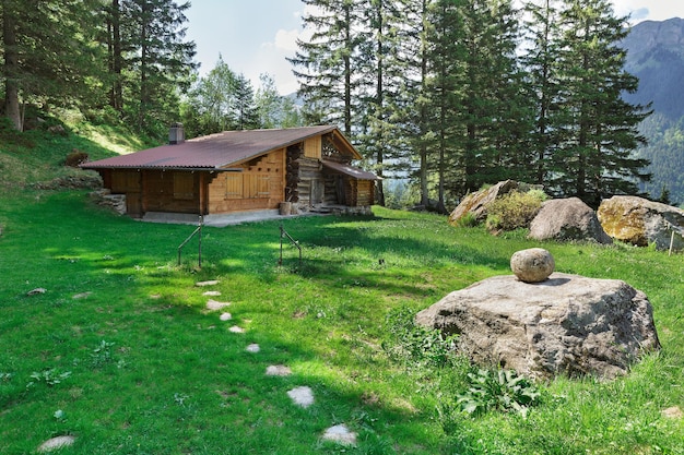 Wooden house in the mountains of the Alps