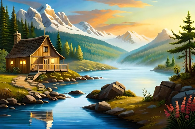 Photo wooden house in the mountains at sunset digital painting