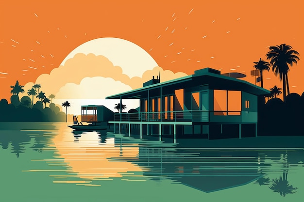 Wooden house near the river and trees sunset vector style Beautiful illustration picture