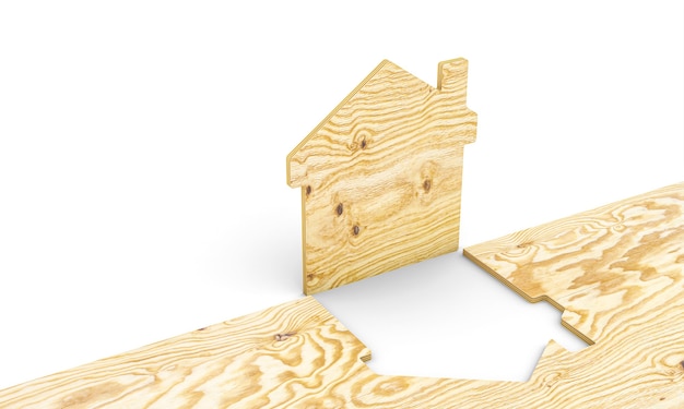 Foto casetta in legno ricavata da un pannello di compensato. concetto di costruzione eco sostenibile. rendering 3d.