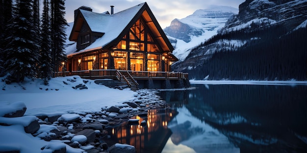 Wooden house on the shore of the norwegian fjord