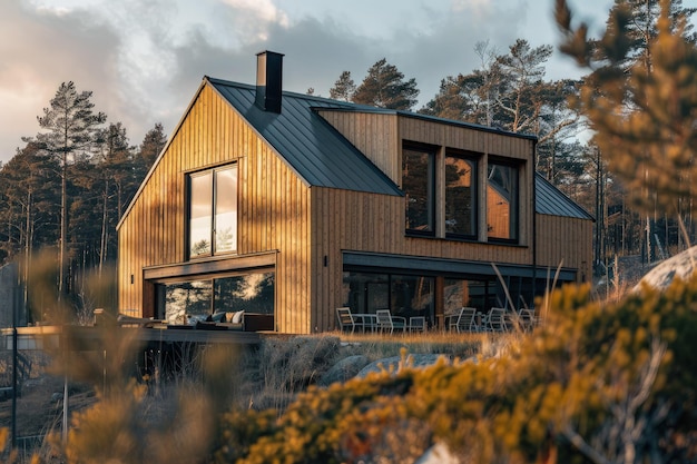 A wooden house sitting on top of a lush green hillside