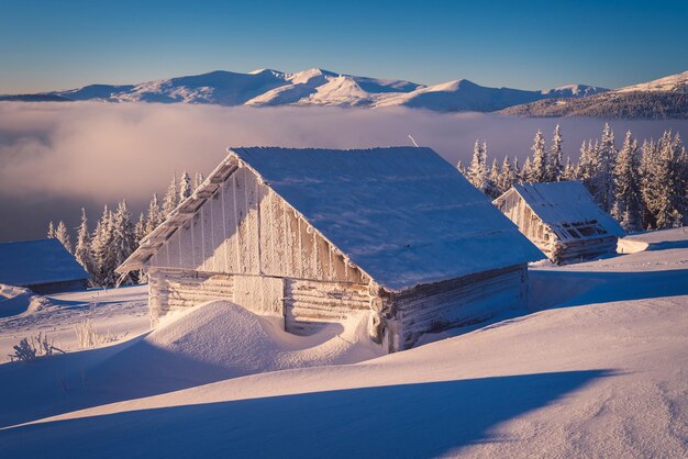 3D визуализации деревянный дом в снежный пейзаж в ночное время