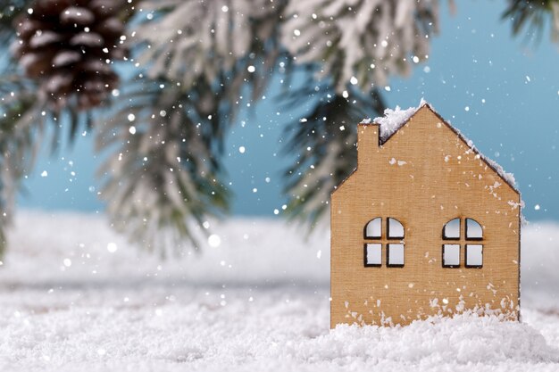 Wooden house on snow