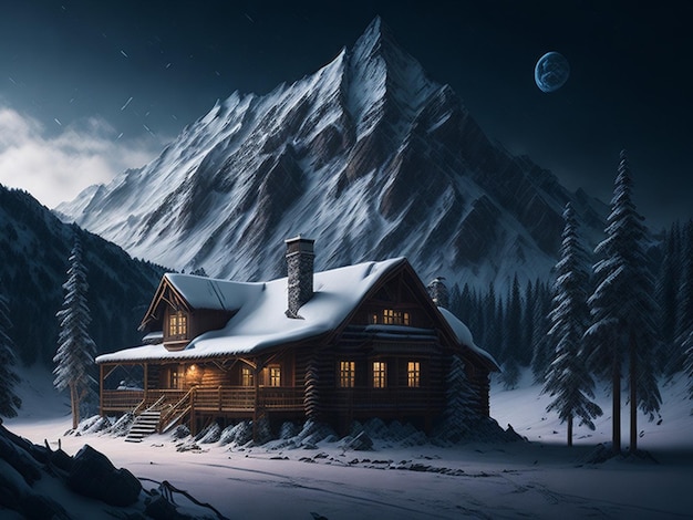 Wooden house on snowy mountain side