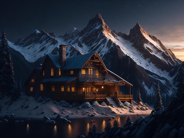 Деревянный дом на заснеженном склоне горы