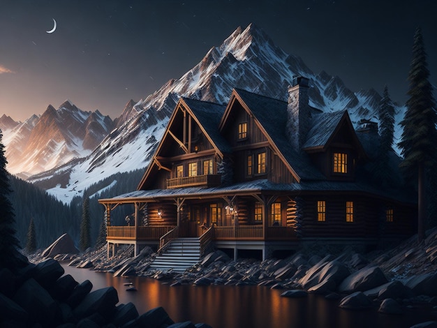 Wooden house on snowy mountain side