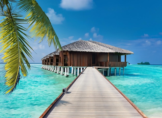 A wooden house on a tropical island