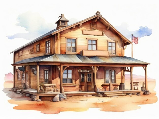 Wooden house in the village Watercolor illustration on white background Western concept