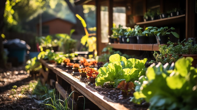 Wooden house in village with plants and flowers in backyard garden Garden and flower on rural house