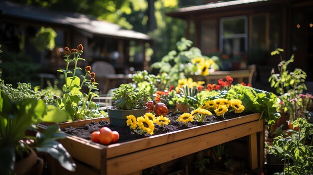 Photo wooden house in village with plants and flowers in backyard garden garden and flower on rural house