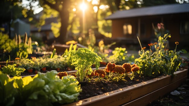 Photo wooden house in village with plants and flowers in backyard garden garden and flower on rural house