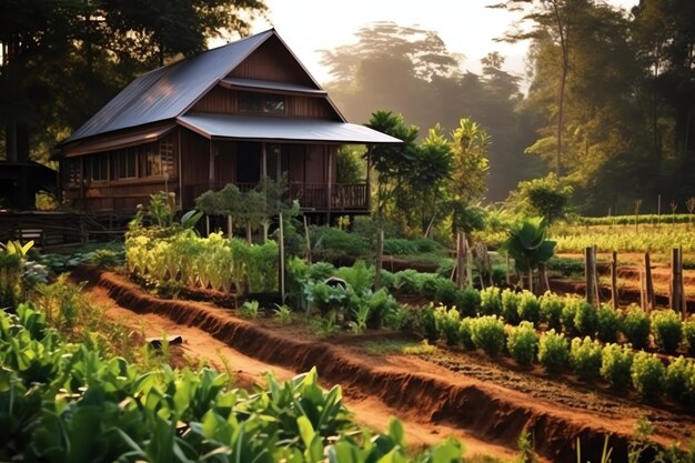 裏庭の庭に植物や花がある村の木造住宅 田舎の家の庭と花