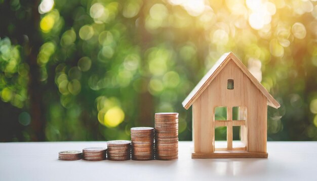 Wooden house on white table with bright backlight symbolizes real estate investment taxation mortg