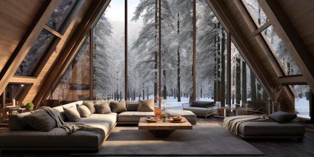 Wooden house in winter forest Interior design of modern living room with vaulted ceiling