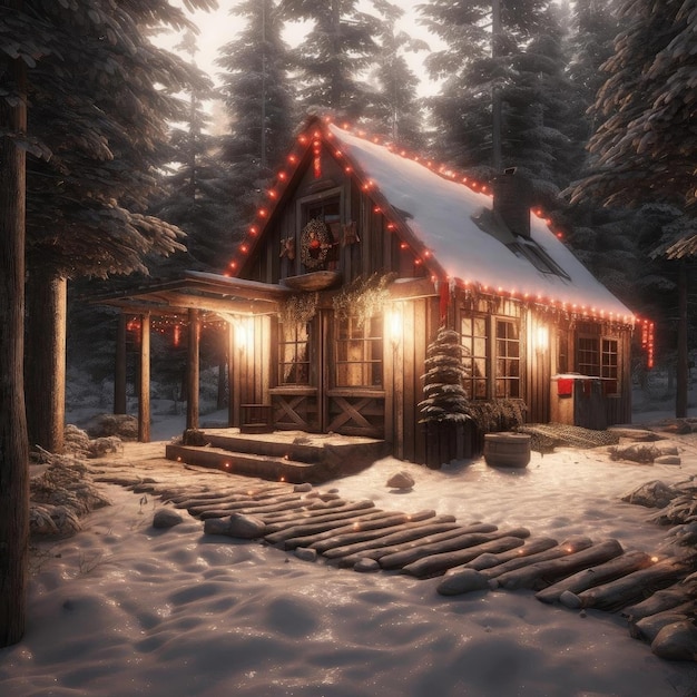 Wooden house in winter forest with Christmas lights