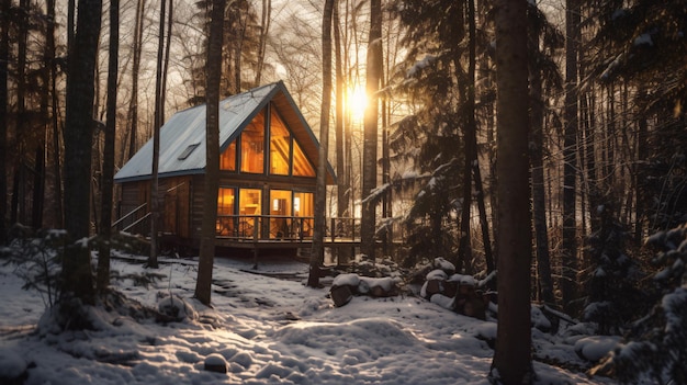 冬の森の木の家