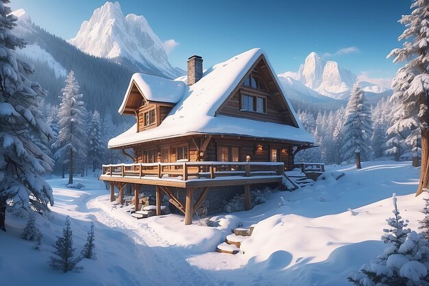 Photo wooden house in winter forest